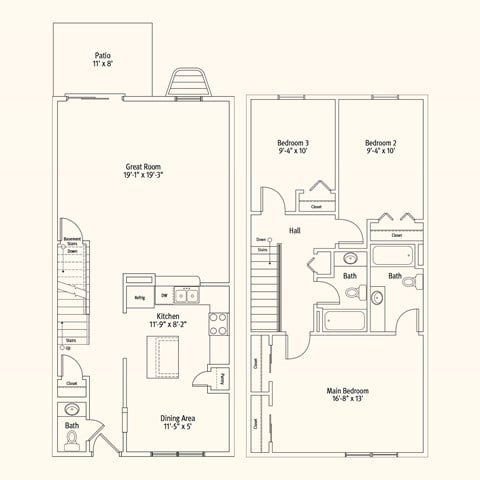 Floor plan for 2 beds, 2.5 baths, 1327 sqft